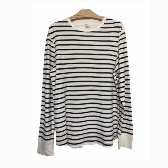 Gap Black & White Striped Thermal Tee - Long Sleeve Casual Top - Picture 1 of 3